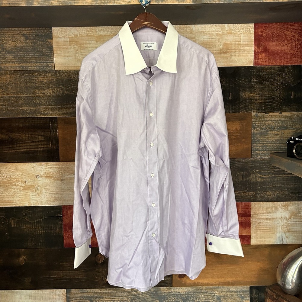 Brioni Neiman Marcus Dress Shirt Mens 18 L Purple Herringbone Italy Cotton
